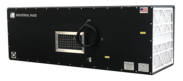 A black industrial air purifier on a white background providing clean shop air.