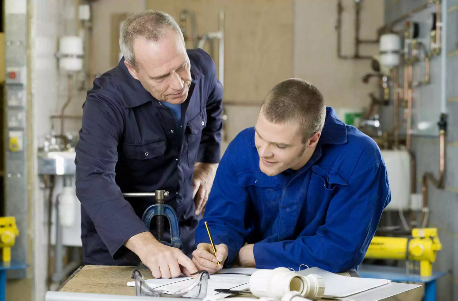 Two men collaborating on clean shop air.