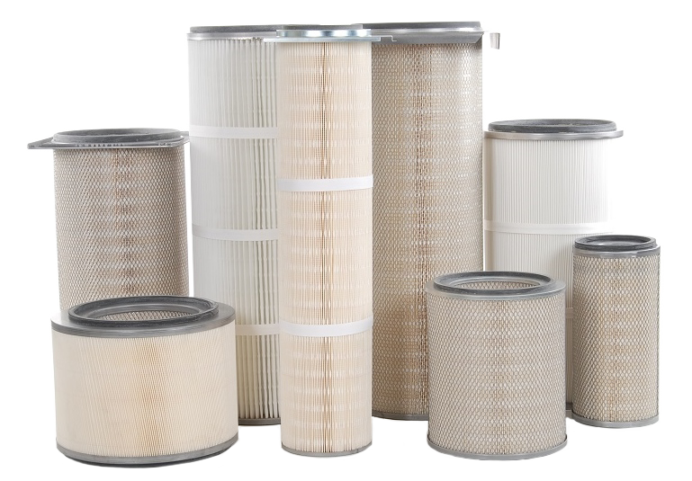 Various types of industrial air purifier filters on a white background.