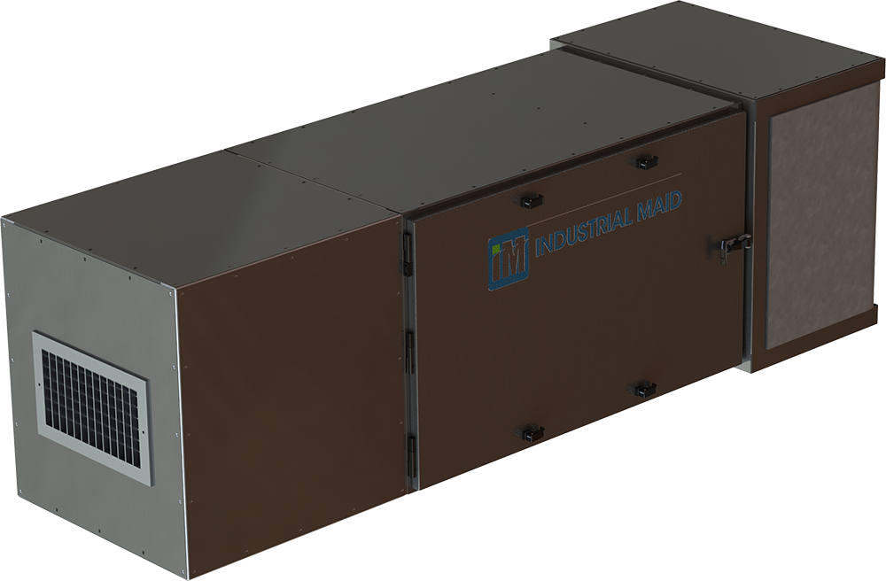 An industrial air cleaner designed to purify and provide clean air within a large rectangular metal box.