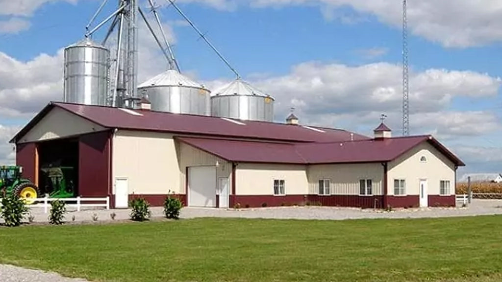 A building with large silos equipped with an industrial air purifier for clean shop air.