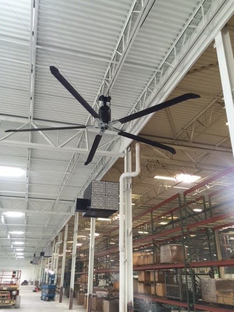 A warehouse ceiling fan promoting clean air.