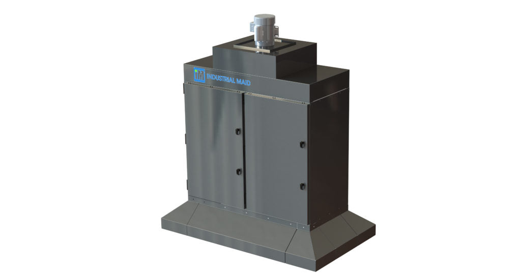 A 3D model of an industrial air purifier in a clean shop.