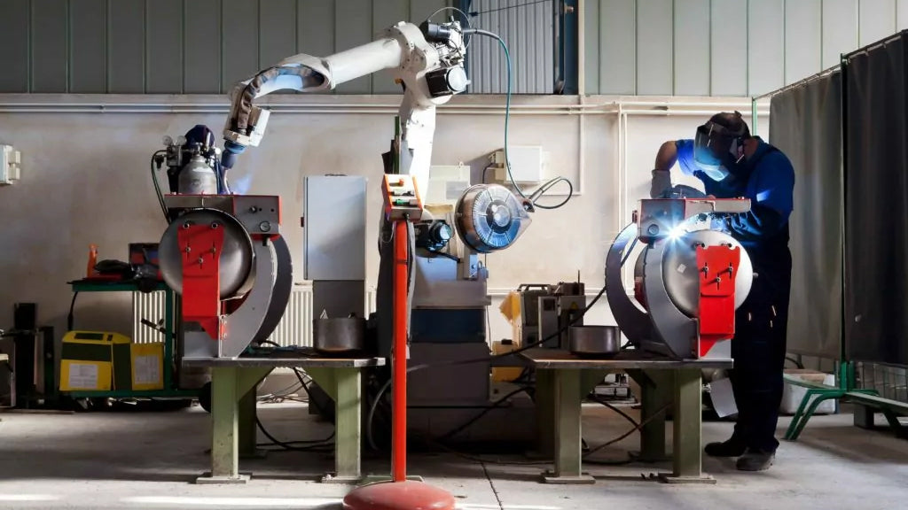 A group of people working in a factory with clean air thanks to an industrial air purifier.
