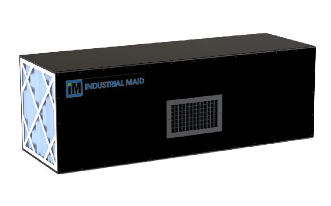An industrial air cleaner with a black box and an air filter.
