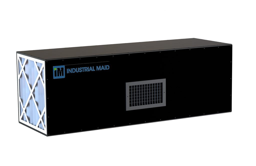 An industrial air cleaner designed to clean shop air, featuring a black rectangular object with a vent.