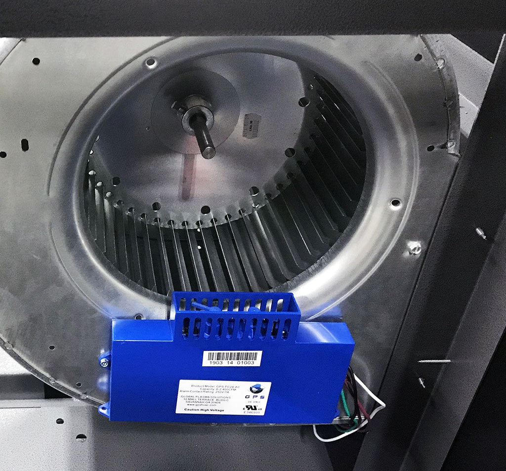 Close up view of the ionization blower on an industrial air purifier